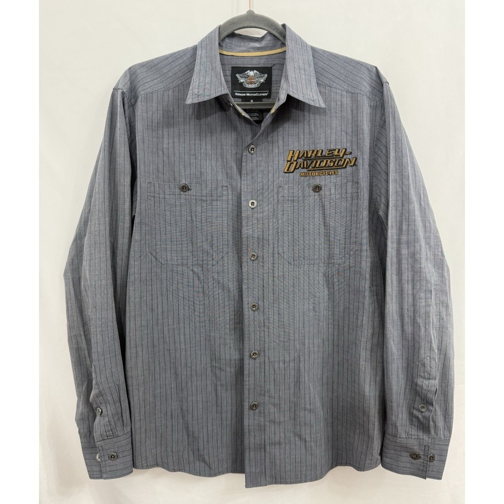 Harley Davidson Motorclothes‎ Gray Striped Long Sleeve Embroidered Shirt Mens M